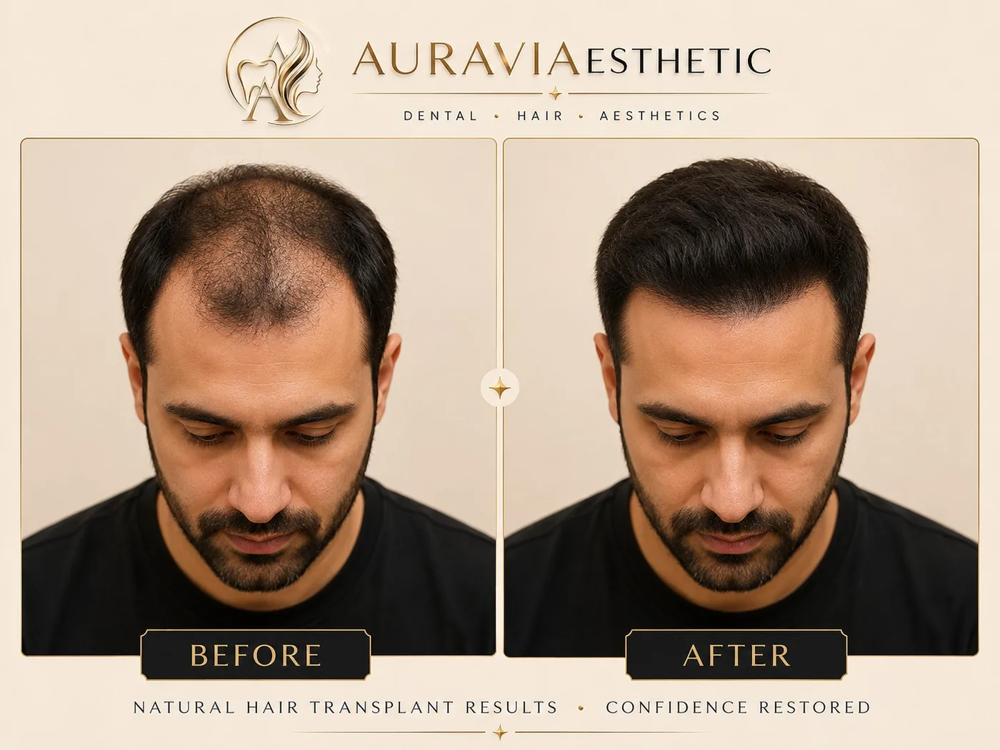 Hair transplant — crown and mid-scalp density, before and after