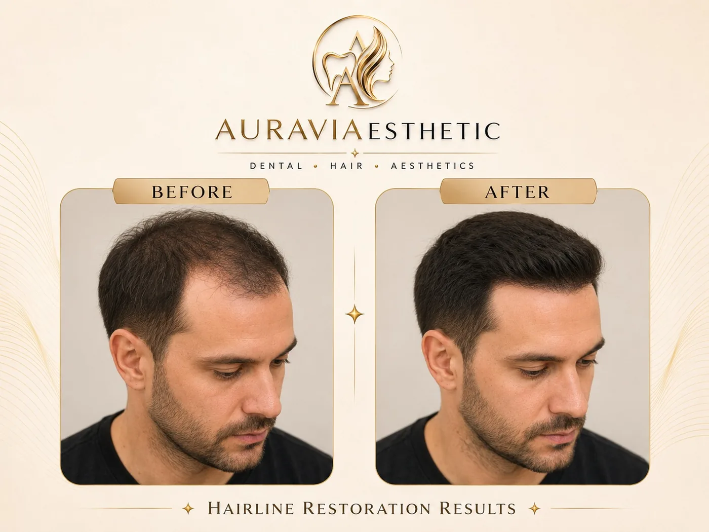 Hair transplant — hairline restoration, before and after
