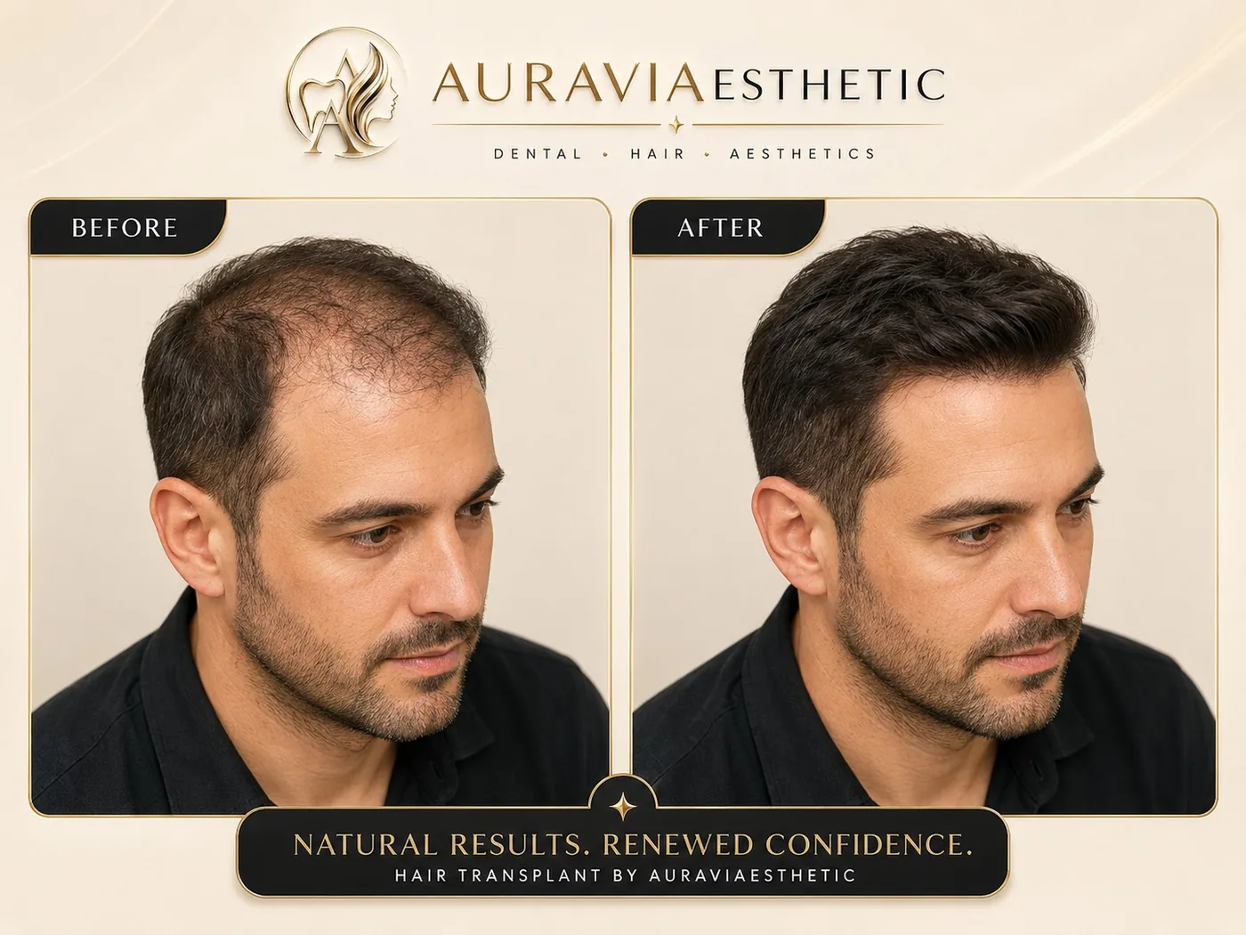 Hair transplant — temple and side profile, before and after