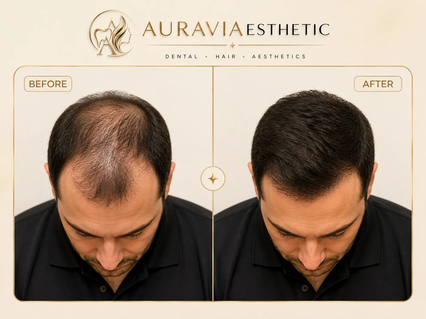 Hair transplant — crown coverage, before and after
