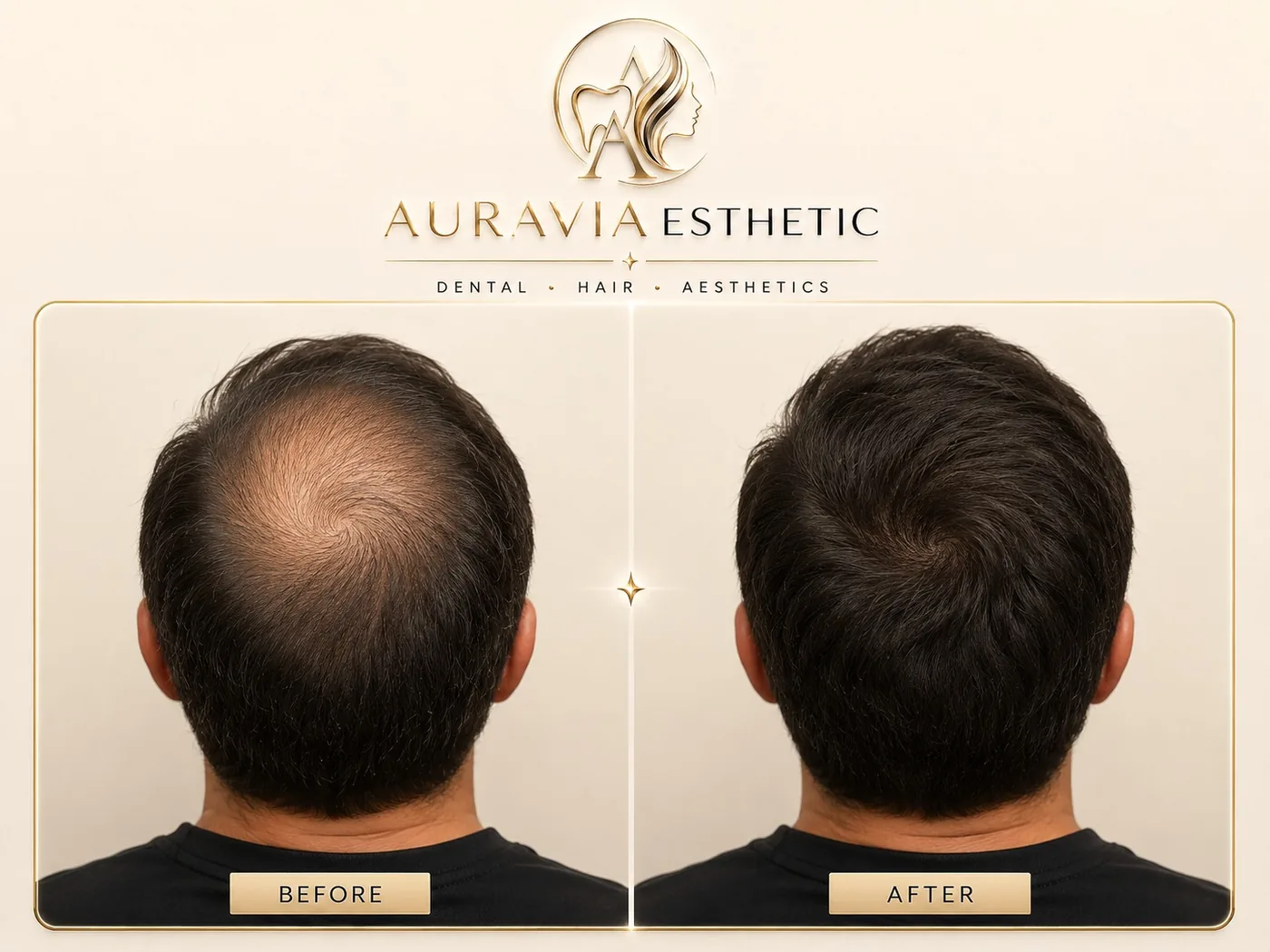 Hair transplant — vertex restoration, before and after