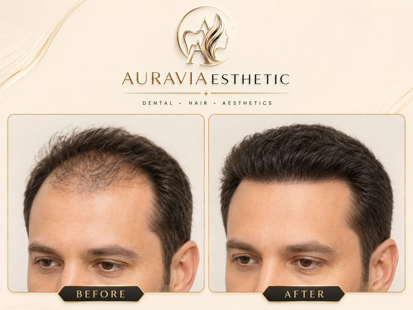 Hair transplant — frontal hairline design, before and after