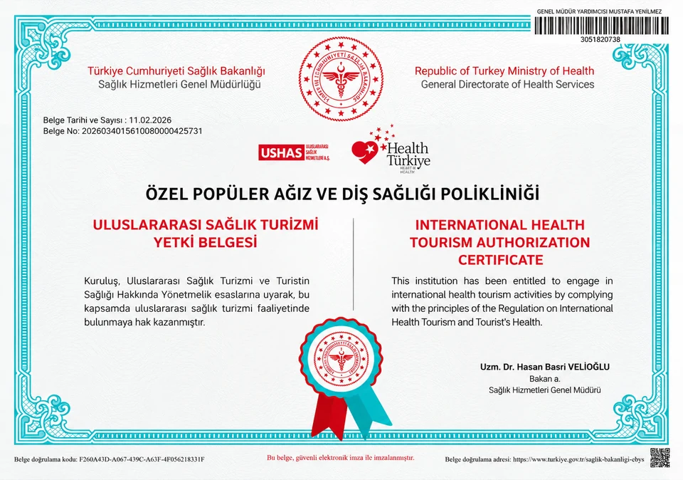 Health tourism certificate issued to Özel Popüler Ağız ve Diş Sağlığı Polikliniği